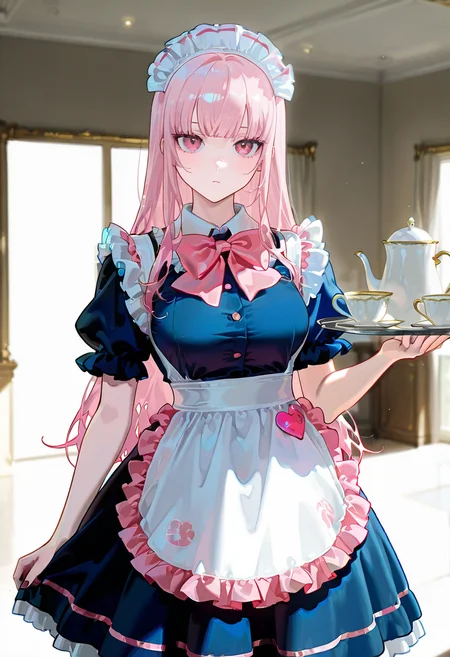 1girl,solo,looking at viewer, echo (circa),maid, 1girl, maid headdress, apron, blue dress, frills, short sleeves, pink bow, mori_calliope,tray,teapot,teacup,