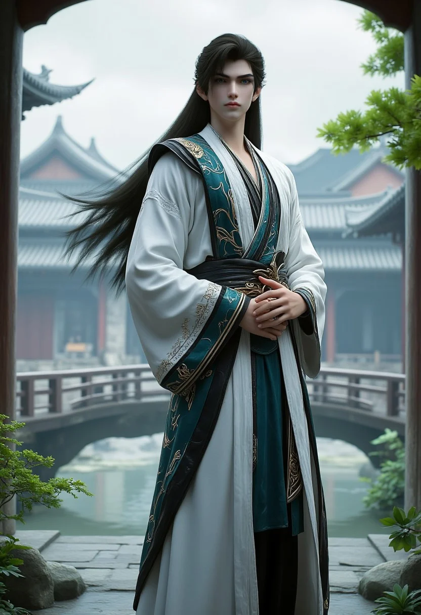 This is a highly detailed digital illustration featuring a tall, slender young man with long, dark brown hair cascading down his back. He has pointed, fox-like ears protruding from his head, indicating he might be a fantasy or mythical creature. His expression is calm and composed. He is dressed in a traditional East Asian robe, predominantly white with intricate teal and black patterns, which flows gracefully around him. The robe is belted at the waist with a teal sash adorned with gold accents.
The background showcases a serene, ancient Chinese-style courtyard with a wooden bridge and traditional buildings with pagoda roofs. The scene is bathed in soft, diffused light, creating a mystical and ethereal atmosphere. The foreground features lush greenery, including a small tree and various plants, adding to the tranquil setting. The overall color palette is dominated by shades of white, teal, and black, with subtle touches of gold and green. The image is highly detailed, with realistic textures in the fabric and foliage, and a smooth, polished finish typical of digital art. The artist's signature is visible in the bottom right corner.