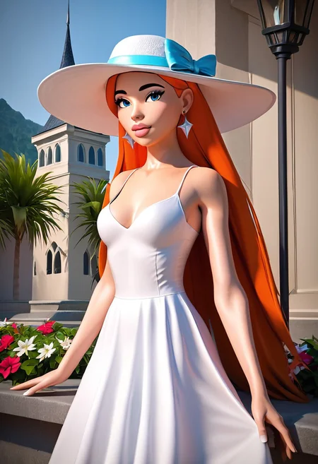 Score_9, score_8_up, score_7_up, score_6_up, score_5_up, score_4_up, source_cartoon, (rating safe), ((masterpiece, high quality)), (absurd resolution), 3d, Realistic, photo-realistic, extremely detailed), 1girl, BREAK,1girl, xninax, long hair, orange hair, blue eyes, ear piercing,(((white Summer hat))), white long beach dress, hair under hat, luscious lips, make up,