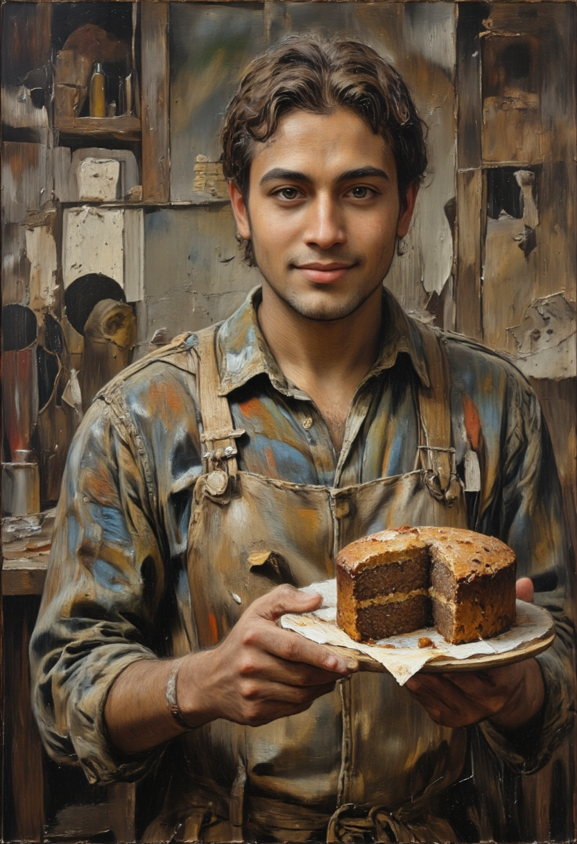 A baker holding a freshly baked cake with a triumphant smile, Personal Triumphs, in memadukan_painter art style, <lora:Memadukan_Brush_Strokes_of_Fineart-000006:1.0>