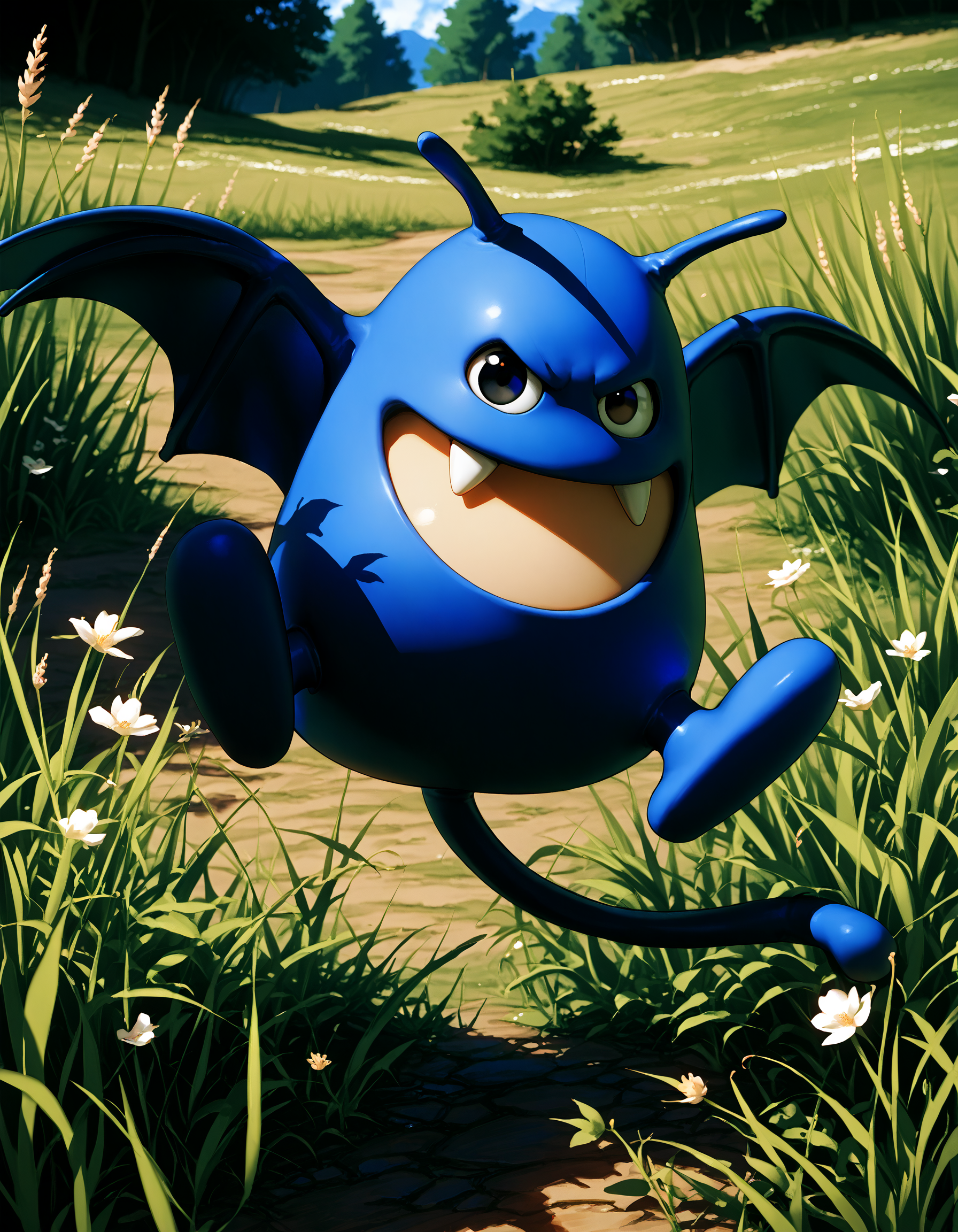 zPDXL3,full_body,field,<lora:Pony_DetailV2.0:1>,day,
BREAK dracky,flying,no humans,:D,fang,black eyes,bat wings,open mouth,<lora:dracky-v2-pony:1>,black eyes,fighting stance,incoming attack,v-shaped eyebrows,