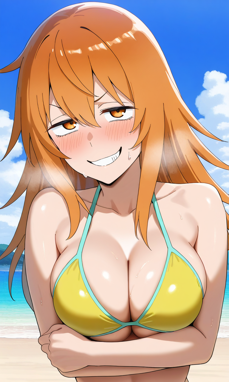 masterpiece, best quality, high resolution, absurdres, solo, 1girl, gamou_maki, orange_eyes, orange_hair, long_hair, hair_between_eyes, medium_breasts, bikini, holding_own_breasts, naughty_face, looking_at_viewer, beach, outdoors, sky,