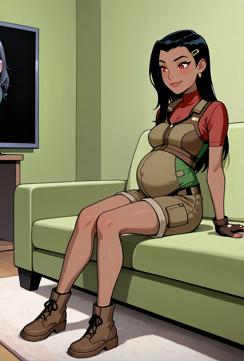 <lora:ovkai-10:1> ovkai, 1girl, long hair, black hair, dark skin, hairclip, earrings,  lips, red under shirt, raglan sleeves, turtleneck, brown cargo shorts, brown bulletproof vest, fingerless gloves, ((cartoon,  screencap)), dynamic pose, expressive,  amazing quality, best quality, facial expression , smile,, full body, living room, messy room, couch, green living room,  sitting on sofa, hair on shoulder, pregnant,, masterpiece, best quality, amazing quality, very aesthetic, absurdres, newest,