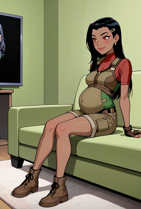 <lora:ovkai-10:1> ovkai, 1girl, long hair, black hair, dark skin, hairclip, earrings, lips, red under shirt, raglan sleeves, turtleneck, brown cargo shorts, brown bulletproof vest, fingerless gloves, ((cartoon, screencap)), dynamic pose, expressive, amazing quality, best quality, facial expression , smile,, full body, living room, messy room, couch, green living room, sitting on sofa, hair on shoulder, pregnant,, masterpiece, best quality, amazing quality, very aesthetic, absurdres, newest,
