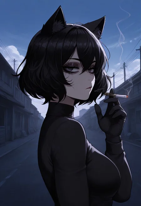 dark color scheme, high contrast, 1girl, eyeshadow, doomer Cat girl, pale, expressionless, tired, dynamic pose, from side, looking at viewer, black short hair, smoking cigarette, detailed, masterpiece, high quality, insane details, perfect, quality, outdoors, atmospheric light, aesthetic, cinematic composition, outdoors, industrial buildings, blue sky, evening, cloudy
