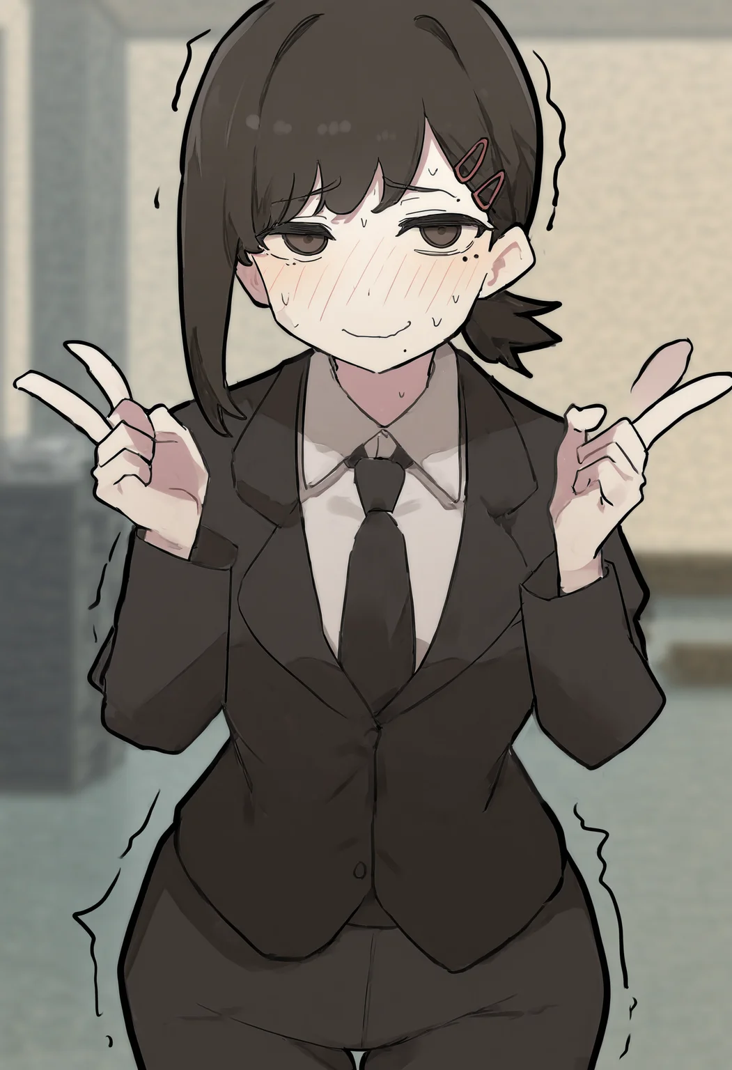 <lora:Illustrious_Nawakena_Style:1>, nawakenastyle, 1girl, solo, cowboy shot, narrow waist, wide hips, short hair, brown hair, ponytail, bangs, single sidelock, brown eyes, mole, mole under eye, mole on cheek, mole under mouth, multiple moles, red hairclip, hairclip, higashiyama kobeni, very awa, masterpiece, best quality, newest, highres, absurdres, black jacket, black necktie, white shirt, collared shirt, nervous, sweat, trembling, looking at viewer, office, black pants, nervous smile, hands up, v