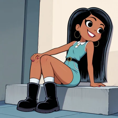 score_9_up, score_8_up, masterpiece,amazing quality,best quality,ultra-detailed,8K,illustration, amazing quality,easynegative, score_7_up 1girl,solo,casey, casey calderon, 1girl, solo, jewelry, earrings, hoop earrings, black hair, smile, long hair, dark-skinned female, dark skin, black footwear, boots, black eyes, Blue collar top