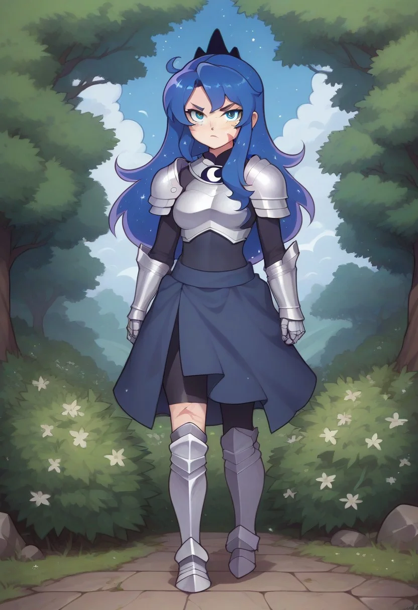 score_9, score_8_up, score_7_up, score_6_up, (humanized, human), 1girl,, (princess luna), (black hair), hair in front of shoulders, long hair, ((freckles)), anatomically correct, medium breasts, photo_realistic:1.5, high resolution, ,serious face, lidded eyes, detailed background,(outside, on a hill, ((night time)), soft glow, moonlit scene), big eyes, armored gloves, skin tight dress, (armored, skirt, chestplate armor), looking at viewer, standing, armored boots, fit, toned, fit midriff, full body, front view, freckles on shoulders, ((((tall)))), ((covered in scars, scars on torso, scars on arms, scars on legs)), scar on cheek, (solo), many scars