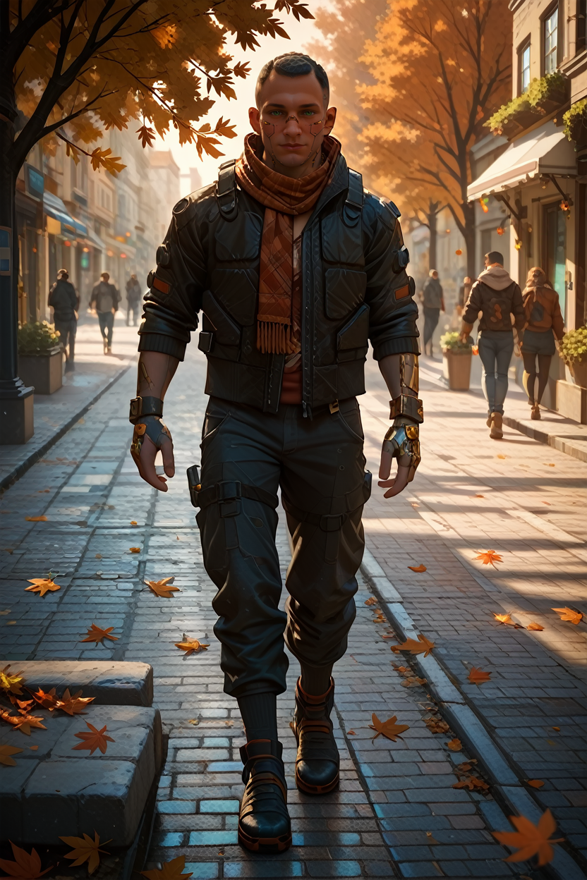 score_9, score_8_up, score_7_up, score_6_up
<lora:CyberJackie:1.0>
CyberJackie, 1boy, black hair, green eyes, mechanical parts, looking at viewer, walking through a narrow European street, wearing a stylish overcoat and scarf, cobblestones underfoot, autumn leaves falling, nostalgic and romantic vibe