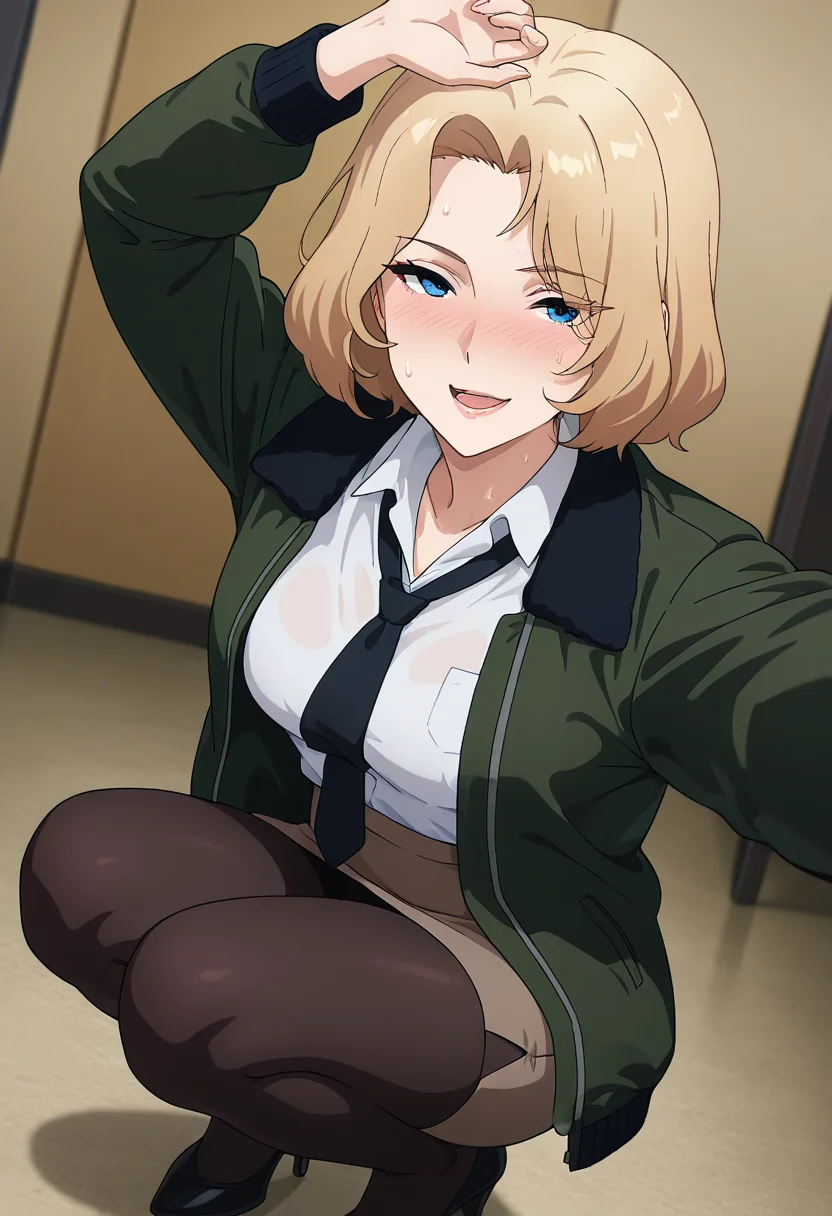 masterpiece, best quality, amazing quality, 1girl, solo, karenww, mature female, blue eyes, blonde hair, medium hair, medium breasts, military uniform, black necktie, loose necktie, green jacket, white collared shirt, long sleeves, brown pencil skirt, high-waist skirt, black pantyhose, black pumps, high heels, <lora:Aldrin_Karen_Bravern_ill_v11:0.9>, (dutch angle), (selfie, arm up), (squatting), (seductive smile, sultry, serious stare, stern look), open mouth, nose blush, looking at viewer, sweat, sweatdrop, sweat on body, nervous sweating, indoors, skindentation, detailed clothing folds, depth of field, sharp, high contrast, dynamic light