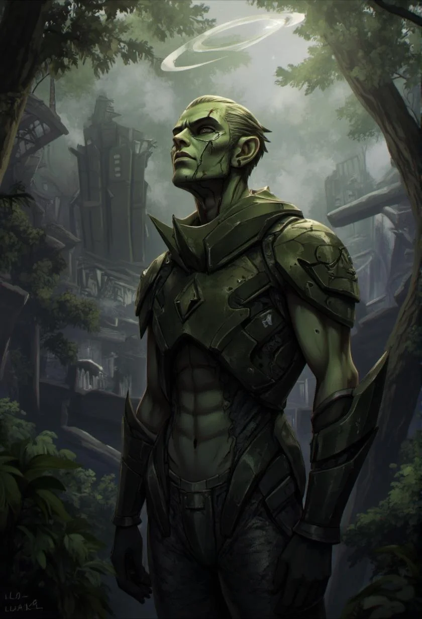 <lora:ck-LttleGhost-000011.safetensors:1> in the style of ck-lttlegh0stBlaze stands amidst a futuristic industrial jungle, his rugged face scarred and weathered from countless battles. A halo of light illuminates his chiseled features, highlighting sharp angles and planes. His armor appears forged from the earth itself, twisted metal plates and jagged edges etched with sweat and blood. Every contour of his body seems molded from darkness, muscles rippling like a mechanized beast as he gazes out at the mist-shrouded dystopia before him.