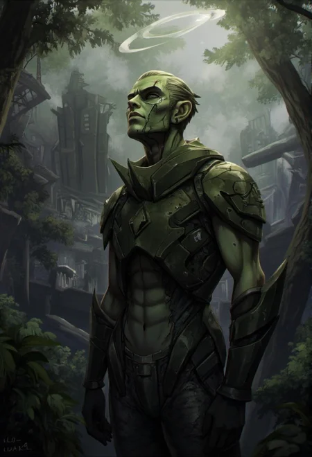 <lora:ck-LttleGhost-000011.safetensors:1> in the style of ck-lttlegh0stBlaze stands amidst a futuristic industrial jungle, his rugged face scarred and weathered from countless battles. A halo of light illuminates his chiseled features, highlighting sharp angles and planes. His armor appears forged from the earth itself, twisted metal plates and jagged edges etched with sweat and blood. Every contour of his body seems molded from darkness, muscles rippling like a mechanized beast as he gazes out at the mist-shrouded dystopia before him.