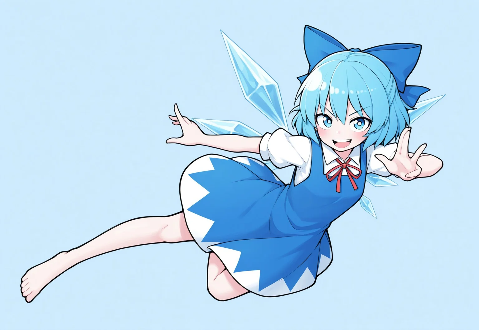 masterpiece, best quality, aesthetic, colorful, SOLIDUSstyle, BREAK, (Cirno), 1girl, dynamic pose, barefoot, looking at viewer, smile, open mouth, Dutch angle, frown, simple background, polka dot,