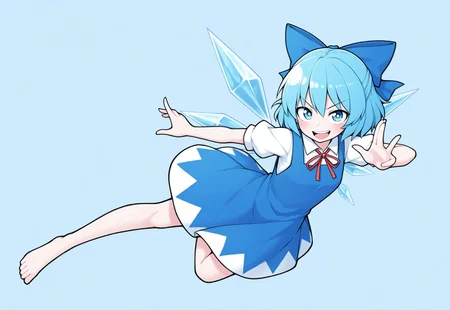 masterpiece, best quality, aesthetic, colorful, SOLIDUSstyle, BREAK, (Cirno), 1girl, dynamic pose, barefoot, looking at viewer, smile, open mouth, Dutch angle, frown, simple background, polka dot,