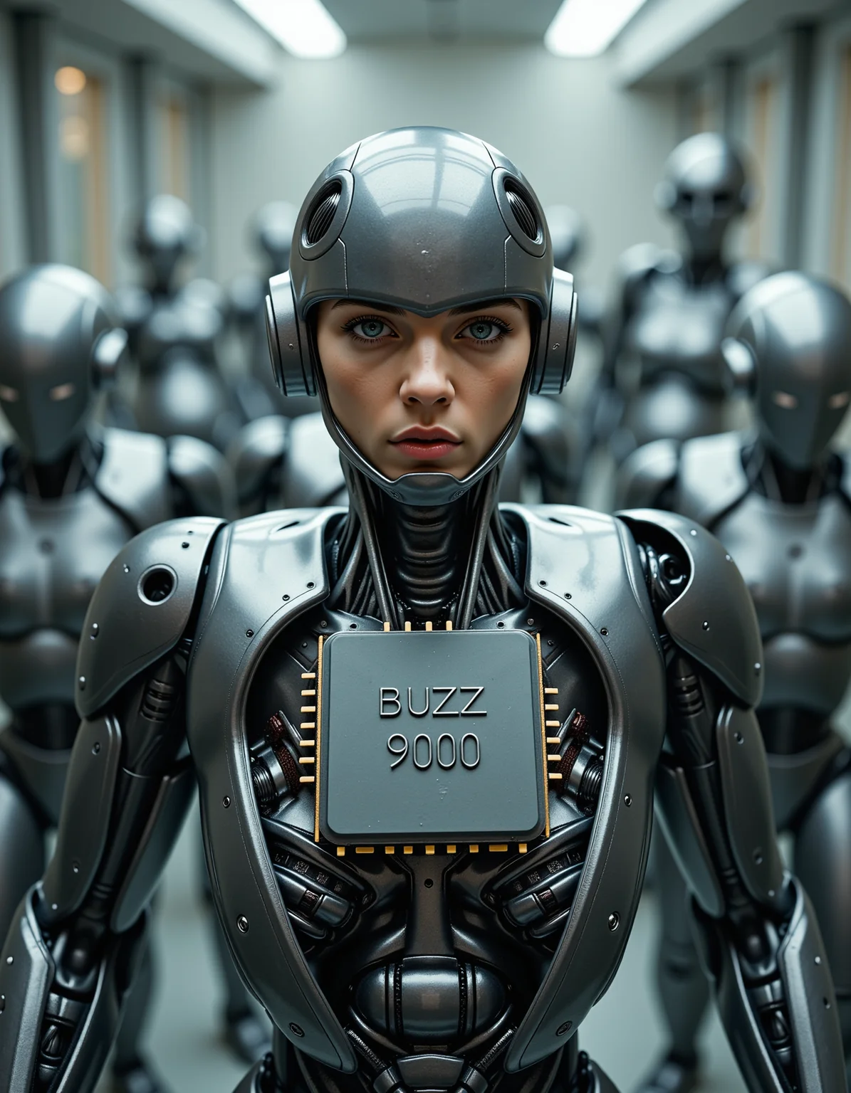 A human robot cyborg is removing his chest plate to reveal the inner mechanical and electronic workings inside. Where his heart would be if he were a human, there is a large cpu with the word "BUZZ 9000" etched on it very clearly. He is looking directly at the viewer, front and centre, as though he is confused. Behind him are a million more robots