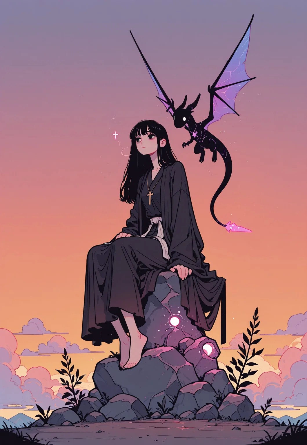 score_9, score_8_up, score_7_up, masterpiece, best quality, very aesthetic, incoth, (incase:0.6), detailed face, (dynamic:1), 1woman, black hair, long hair, black eyes, sitting on peak, on boulder, high up, meditating, serene, robes, monk, clouds, sunset, cross-legged, gradient, glowing serpent, flying curling wyvern, translucent, transparent, Flatline, Flat vector illustration