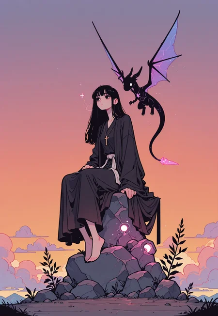 score_9, score_8_up, score_7_up, masterpiece, best quality, very aesthetic, incoth, (incase:0.6), detailed face, (dynamic:1), 1woman, black hair, long hair, black eyes, sitting on peak, on boulder, high up, meditating, serene, robes, monk, clouds, sunset, cross-legged, gradient, glowing serpent, flying curling wyvern, translucent, transparent, Flatline, Flat vector illustration