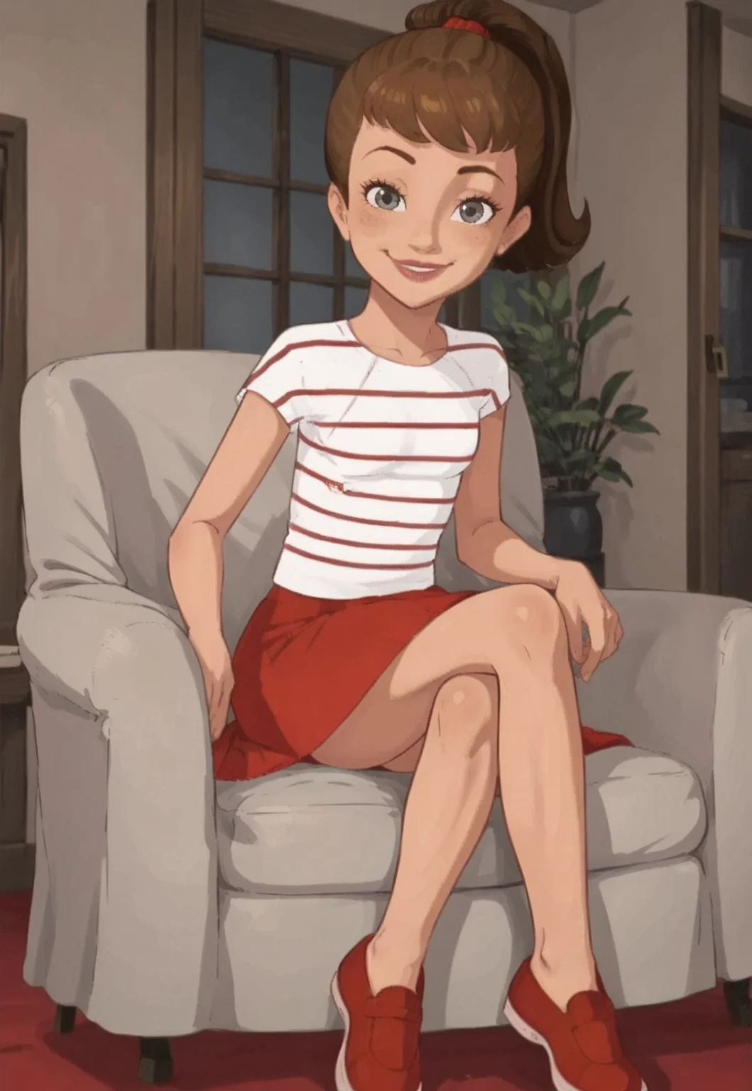 score_7, score_8, martine, 2d, animated draving, line art, 1girl, perfect hands, animated drawing, striped shirt, short hair, light brown hair, high ponytail, scrunchie, gray eyes, pink lipstick, red skirt, short skirt, red footwear, slender legs, short sleeves, red footwear, interior, sitting on armchair, looking at viewer, smirking smile, crossed legs,