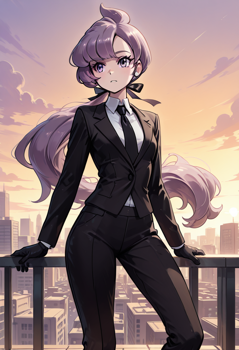 masterpiece, best quality, 1girl, solo, eyelashes, (beautiful eyes),     zzAnabel, purple hair, purple eyes, long hair, ponytail, ribbon, hair ribbon, bangs, black ribbon, black suit, formal, black tie, black gloves, city rooftop, sunset, standing, windblown hair, determined expression â On the edge of a towering rooftop at golden hour, Anabel stands tall, her long ponytail whipping in the wind. The setting sun paints the sky in hues of orange and violet, casting warm light on her sharp black suit and glinting off her dark gloves. Her gaze is fixed on the horizon, eyes filled with purpose. The city stretches beneath her, unaware of the decision sheâs about to make.  , <lora:AnabelPokemon_IXL_v2:1.0>,