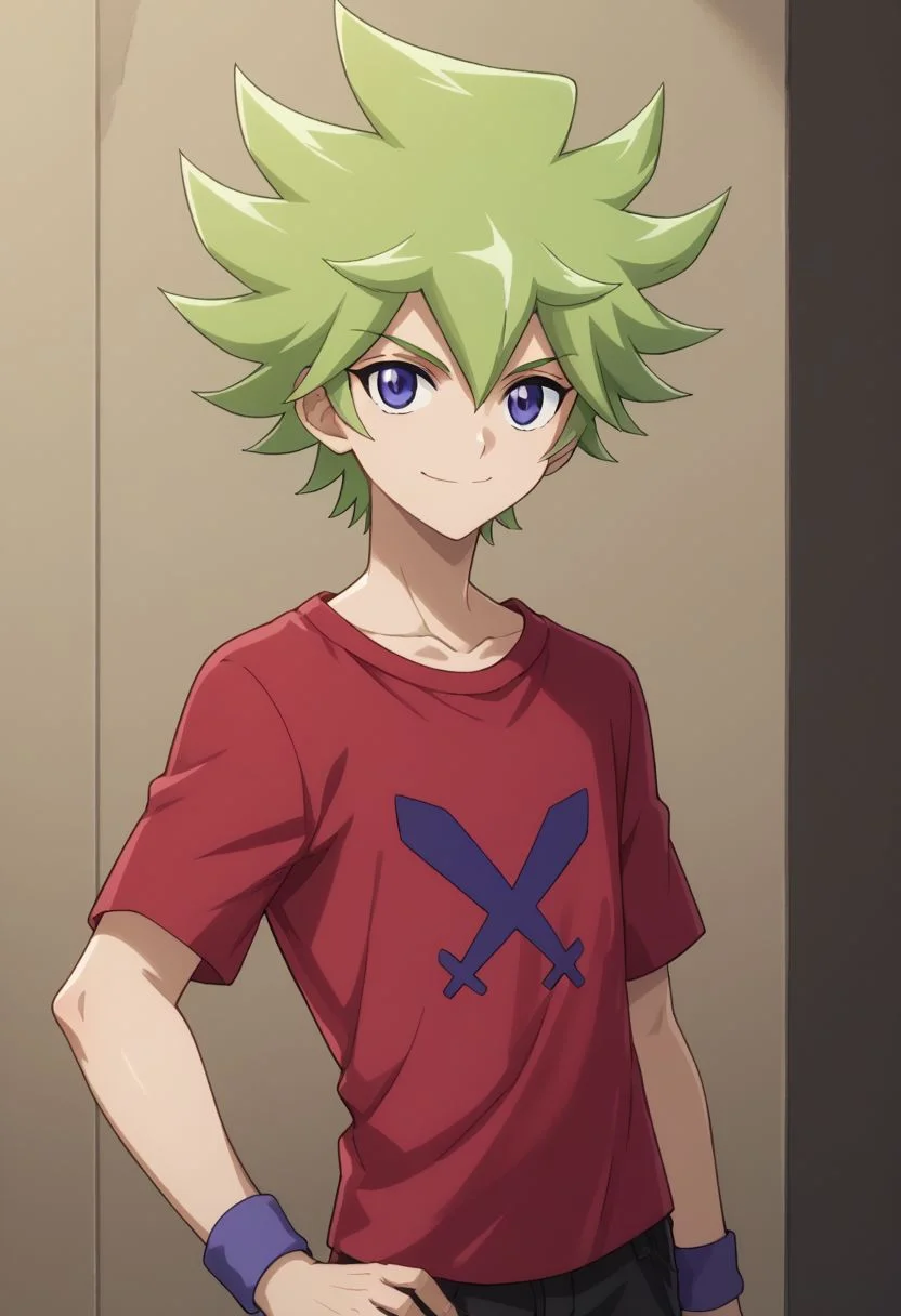 score_9, score_8_up, score_7_up, source_anime,
roa, 1boy, male focus, solo, green hair, shirt, smile, looking at viewer, purple eyes,
spiked hair, hand on hip, wristband, pants, hair between eyes, blue eyes, red shirt, bangs, t-shirt, short sleeves, upper body,