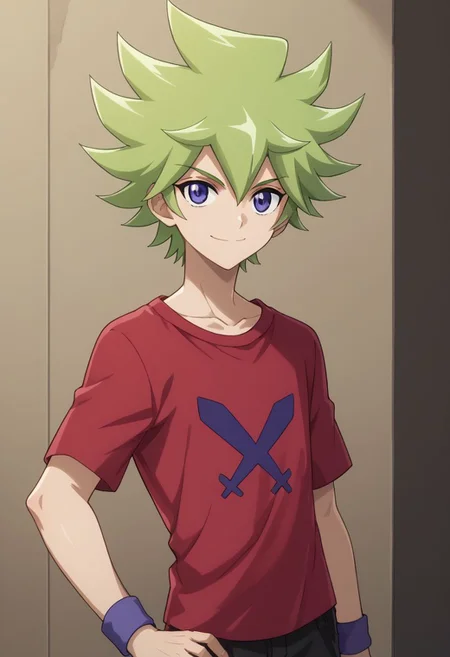 score_9, score_8_up, score_7_up, source_anime, 
roa, 1boy, male focus, solo, green hair, shirt, smile, looking at viewer, purple eyes,
spiked hair, hand on hip, wristband, pants, hair between eyes, blue eyes, red shirt, bangs, t-shirt, short sleeves, upper body,