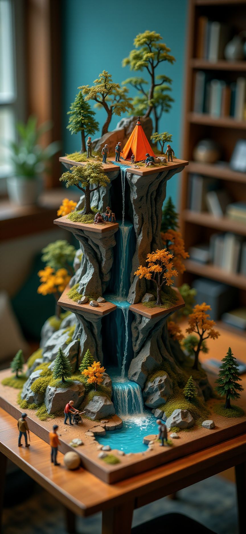 (indoors,indoor,isometric view,side view,tilt-shift lens:2), (fna_style,miniature,miniature,diorama,miniature,diorama,PVC,plastic:2),starry night,autumn giant (multi layers of river camp site hexagonal vertical:2.5)  is located center, people are climbing with ropes, (in wooden square plate:3) (on table at study:3) <lora:Fantasy_Novel_Art_Style:1> <lora:Rostpunk:0.3>