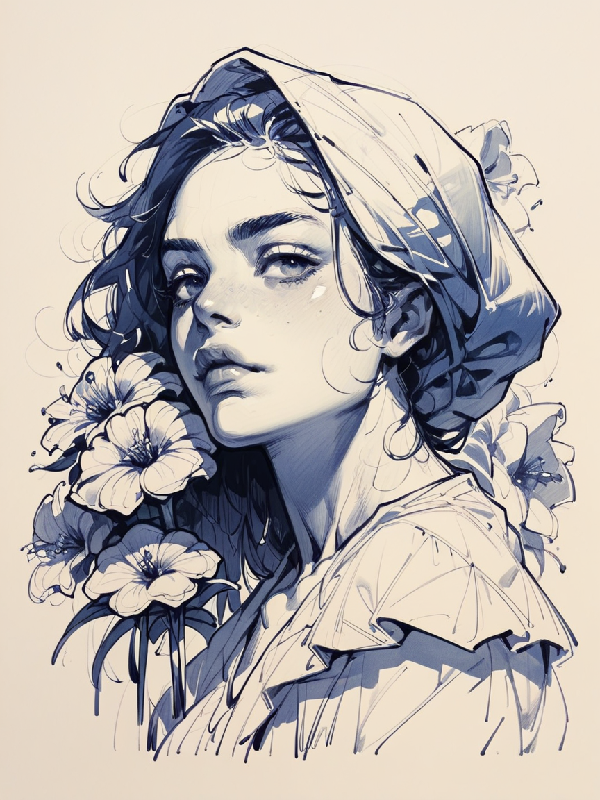 score_9, score_8_up, score_7_up, score_6_up, score_5_up, score_4_up,   <lora:1nksk3tchXLP2:0.8> 1nksk3tch, 1girl, sketch, flowers, curvy,