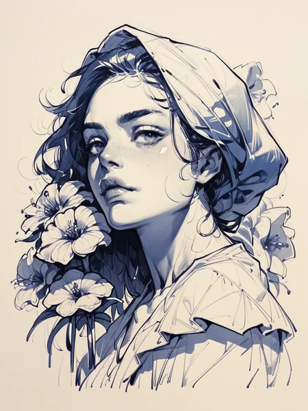 score_9, score_8_up, score_7_up, score_6_up, score_5_up, score_4_up,   <lora:1nksk3tchXLP2:0.8> 1nksk3tch, 1girl, sketch, flowers, curvy,