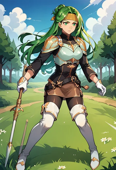 1girl, solo, alone, score_9, score_8_up, score_7_up, masterpiece, high quality, source_anime, very detailed, 

SyFE, green hair, long hair, green eyes, orange headband, turtleneck, breastplate, shoulder armor, gold trim, black shirt, long sleeves, white gloves, brown skirt, black belt, black pantyhose, white thigh boots, two-tone footwear, feet, half updo, 

dynamic pose, action pose, holding spear, full body, facing forward, battlefield, grass, trees, clearing,