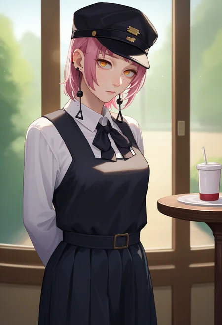 score_9, score_8_up, score_7_up, source_anime, solo, 1girl, csmfami, multiple moles, mole under eye, mole under mouth, expressionless, looking at viewer, standing, arms behind back, pink hair, military hat, yellow eyes, ringed eyes, school uniform, black dress, pinafore dress, long dress, white shirt, black ribbon, neck ribbon, long sleeves, tassel earrings, indoors, cafe <lora:csm_fami_ponyXL:1>