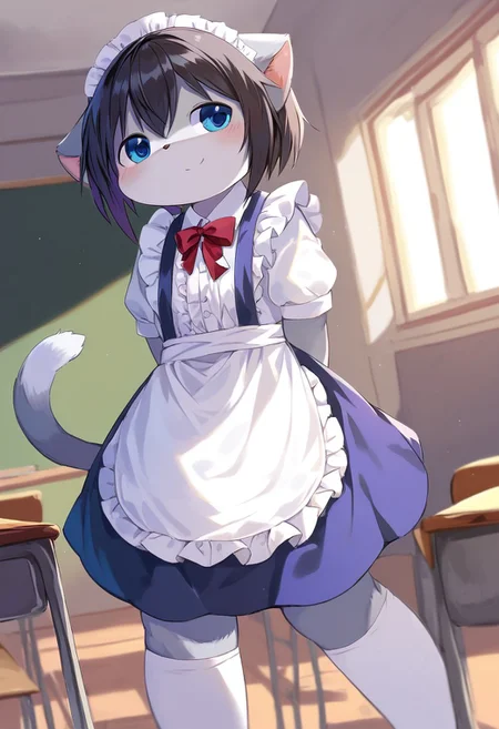 aoino_style, solo, anthro, kemono, furry, fur, 1boy, solo, black hair, 4 fingers, cat boy, grey cat ears, grey cat tail, grey fur, blue eyes, pink pawpads, two-tone skin, happy expression, young, cute, cute face, detailed skin, perfect eyes, detailed eyes, perfect hands, perfect face, blush, embarrased, half-open eyes, BREAK jyojifuku, frills, kneehighs, apron, BREAK standing, amrs behind back, classroom, indoors, colorful, looking away, daylight, bright, dutch angle, BREAK ((ultra-detailed)), ((best quality)), ((best quality)), ((beautiful eyes)), ((extremely detailed)), 4K, (8K), best quality, (beautiful), Master piece, highres, score_9, score_8_up, score_7_up, score_6_up, score_5_up, score_4_up, colorful, best quality, official art, highres, masterpiece, nai3, god light, detailed background, high quality background,