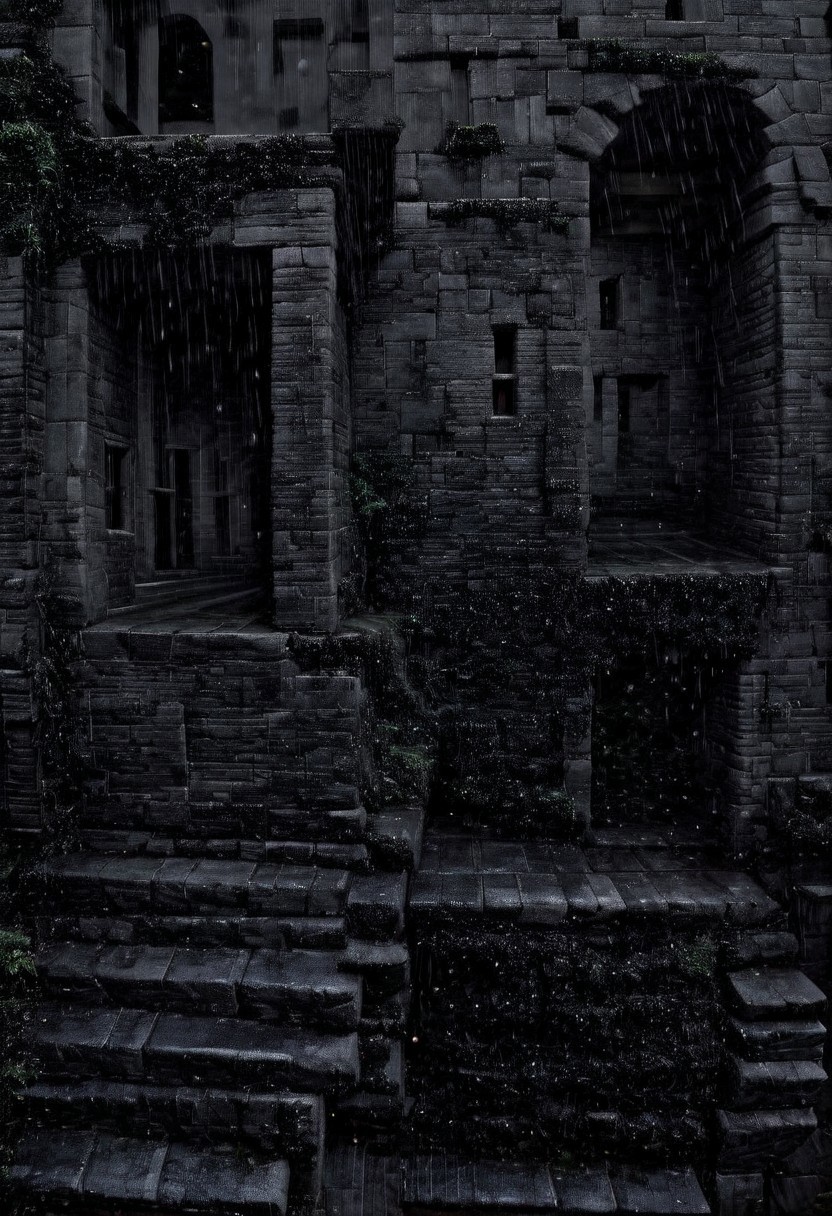 detailxl, easynegative, BREAK, a painting of a castle in the style of godfried-schalcken, no person, no people, no humans, BREAK, (((darkness))), (((at night))), rain, impossible architecture, (((black)))