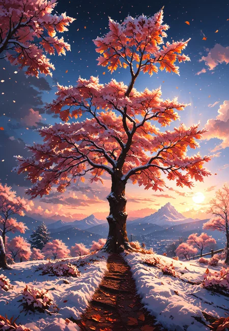 a single tree on top of a mounting, huge blooming cherry tree, pink leaves, snowing, thin layer of snow, dusk time, sun below the horizon, orange red light, a path made from fallen leaves, anime style
Photorealistic, Highly detailed, masterpiece, 4k, high resulution, great lighting,
