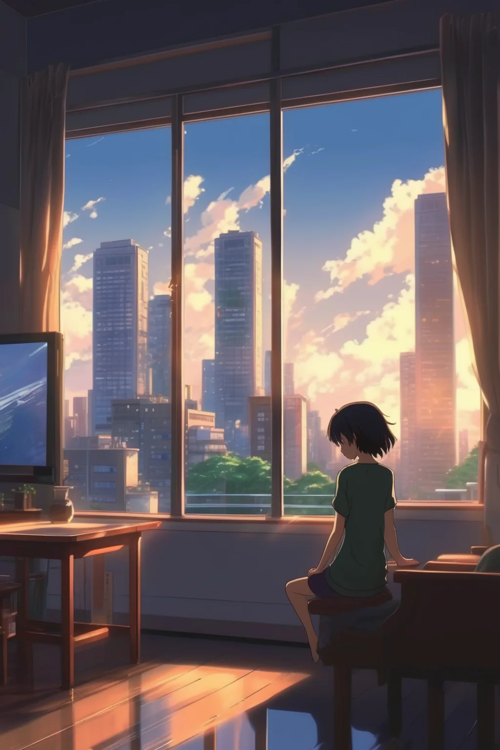 <lora:Makoto Shinkai Style:1>Makoto Shinkai Style - Optimize this picture in Makoto Shinkai's style, with tall buildings outside the window.
