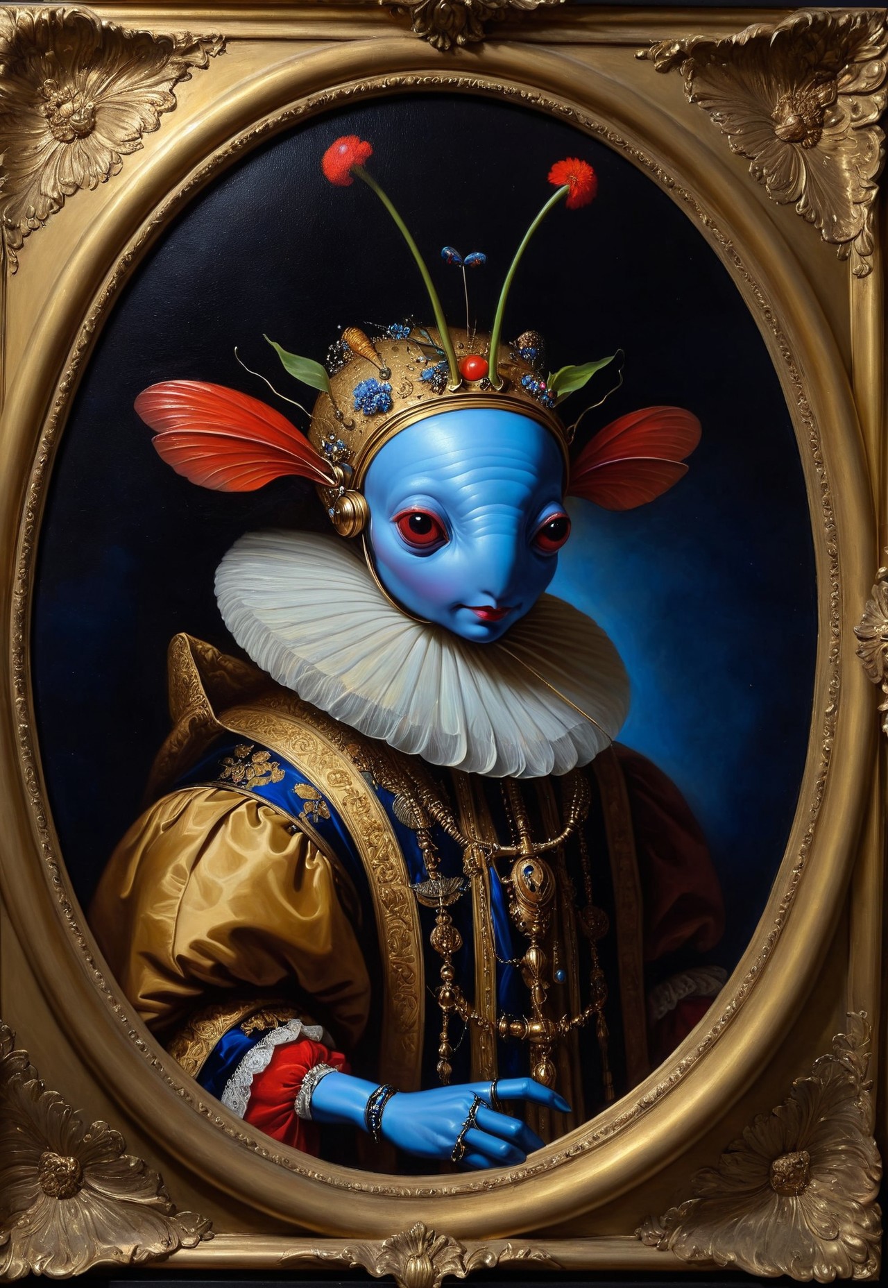 Rembrandt realistic oil painting, retro artstyle, score_9, score_8_up, score_9_up, very detailed, ultra realistic, (best quality) very detailed masterpiece, portrait of an futuristic alien, insect-like alien creature in medieval environment, red and blue velvet, very dark background, baroque style, gold, marble, flowers, very dramatic lighting, much shadow, rembrandt style vermeer style, realistic realistic, realism, photo realistic oil painting, photo realistic painting 