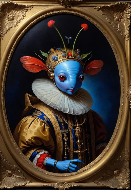 Rembrandt realistic oil painting, retro artstyle, score_9, score_8_up, score_9_up, very detailed, ultra realistic, (best quality) very detailed masterpiece, portrait of an futuristic alien, insect-like alien creature in medieval environment, red and blue velvet, very dark background, baroque style, gold, marble, flowers, very dramatic lighting, much shadow, rembrandt style vermeer style, realistic realistic, realism, photo realistic oil painting, photo realistic painting