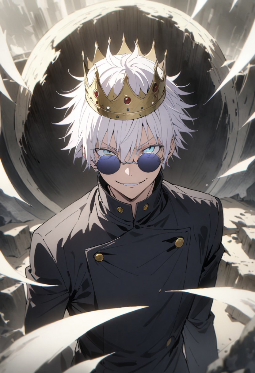 score_9, score_8_up, score_7_up, score_6_up, masterpiece, best quality, absurdres, cinematic, perfect composition, solo, 1boy, gojou satoru, blue eyes, white hair, crown on head, round sunglasses, jacket, black jacket, gakuran, school uniform, high collar, smirk, standing, looking at viewer,