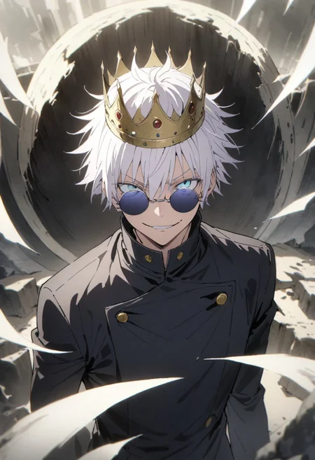 score_9, score_8_up, score_7_up, score_6_up, masterpiece, best quality, absurdres, cinematic, perfect composition, solo, 1boy, gojou satoru, blue eyes, white hair, crown on head, round sunglasses, jacket, black jacket, gakuran, school uniform, high collar, smirk, standing, looking at viewer,