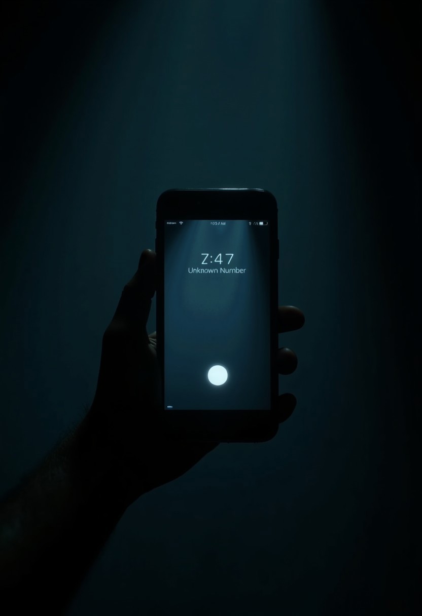 horror theme, dark, 
a modern cellphone centered on the screen, the screen indicating that the cellphone is receiving a call from "Unknown Number". The top bar of the cellphone indicates the text "NO RECEPTION"