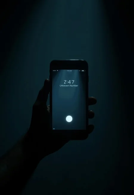 horror theme, dark,
a modern cellphone centered on the screen, the screen indicating that the cellphone is receiving a call from "Unknown Number". The top bar of the cellphone indicates the text "NO RECEPTION"