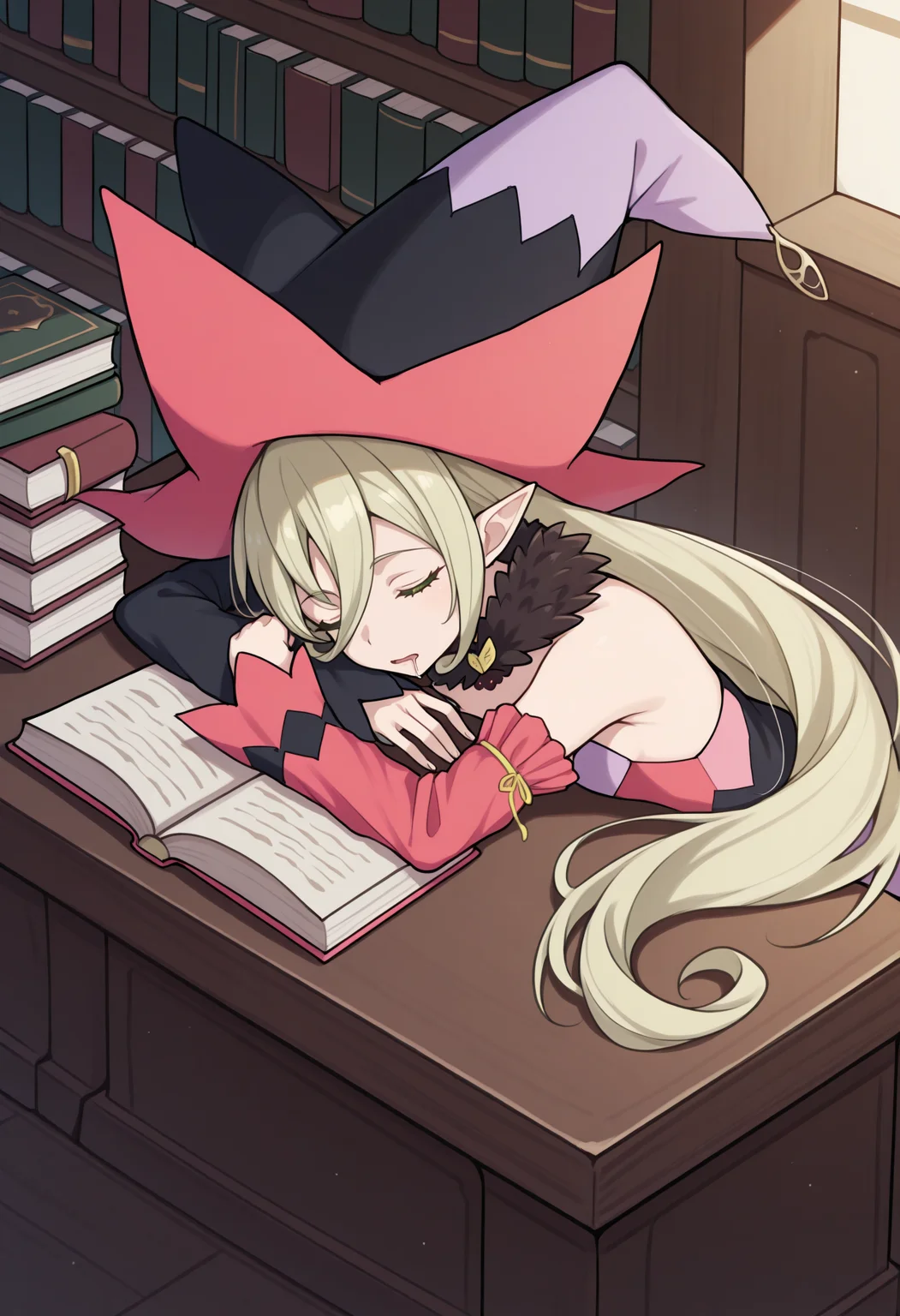 masterpiece, best quality, 1girl, solo, M4gil0u, green eyes, pointy ears, blonde hair, very long hair, hair between eyes, witch hat, fur collar, multicolored vest, strapless, detached sleeves, mismatched sleeves, indoors, library, sleeping, head on desk, open book, book stack, closed eyes, drooling, from above, wide shot, <lora:ChamMagilouIllustriousXL:1>