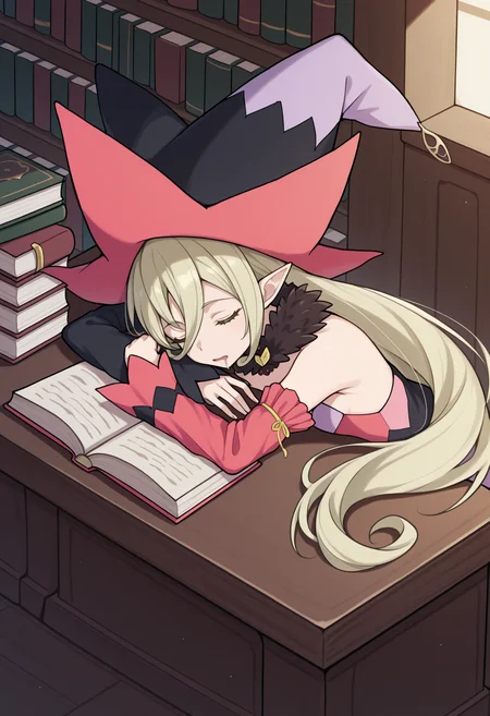 masterpiece, best quality, 1girl, solo, M4gil0u, green eyes, pointy ears, blonde hair, very long hair, hair between eyes, witch hat, fur collar, multicolored vest, strapless, detached sleeves, mismatched sleeves, indoors, library, sleeping, head on desk, open book, book stack, closed eyes, drooling, from above, wide shot, <lora:ChamMagilouIllustriousXL:1>