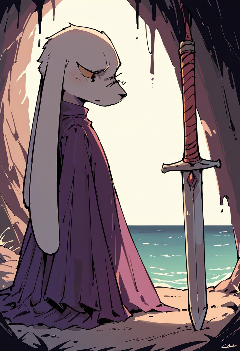 score_9,score_8_up,score_7_up, cave, shadow, lighting, king, purple dress, long ears, side view, ocean, looking down at the water, sword on the ground