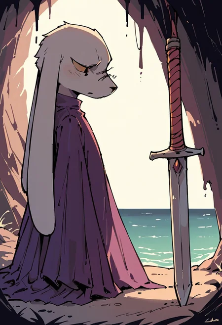 score_9,score_8_up,score_7_up, cave, shadow, lighting, king, purple dress, long ears, side view, ocean, looking down at the water, sword on the ground