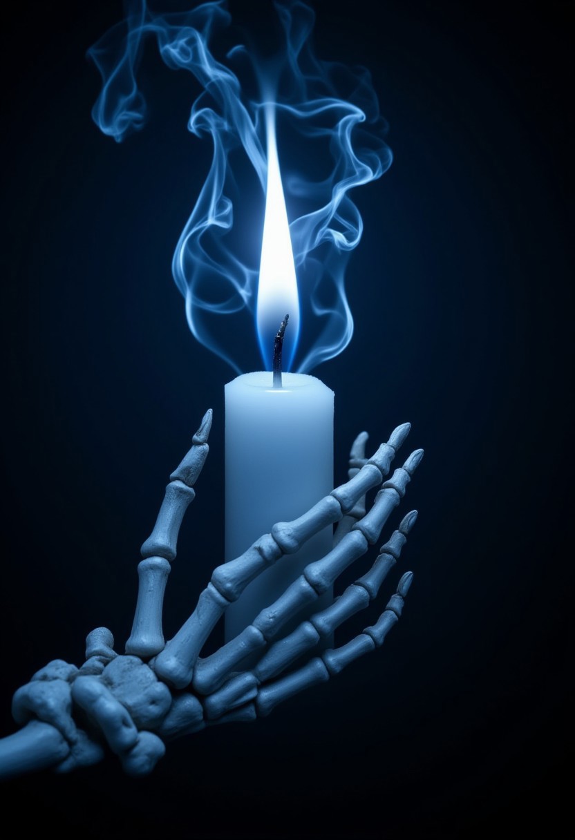 A skeletal hand firmly grasps a white candle, its bony fingers wrapped around the smooth wax. The candle burns with an unnatural blue flame, casting an eerie glow that flickers softly in the darkness. Wisps of smoke rise from the flame, twisting and curling into the distinct shape of a mind—abstract yet unmistakable, resembling a swirling brain or an ethereal thought. The dim and mysterious background is shrouded in deep shadows, enhancing the otherworldly atmosphere. The ghostly light reflects off the skeletal fingers, emphasizing their hollow, lifeless form. The scene evokes a sense of mystery, the supernatural, and the fragile boundary between life, thought, and death. aidmamj6.1, aidmaimageupgrader, aidmafluxpro1.1, bo-exposure