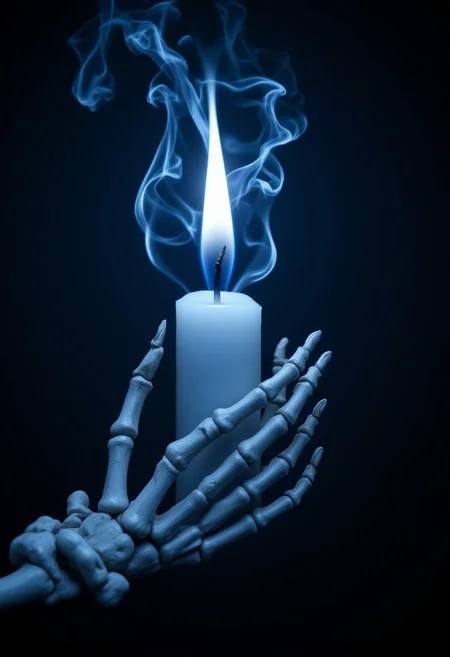 A skeletal hand firmly grasps a white candle, its bony fingers wrapped around the smooth wax. The candle burns with an unnatural blue flame, casting an eerie glow that flickers softly in the darkness. Wisps of smoke rise from the flame, twisting and curling into the distinct shape of a mind—abstract yet unmistakable, resembling a swirling brain or an ethereal thought. The dim and mysterious background is shrouded in deep shadows, enhancing the otherworldly atmosphere. The ghostly light reflects off the skeletal fingers, emphasizing their hollow, lifeless form. The scene evokes a sense of mystery, the supernatural, and the fragile boundary between life, thought, and death. aidmamj6.1, aidmaimageupgrader, aidmafluxpro1.1, bo-exposure