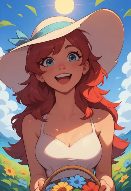 score_9, score_8_up, score_7_up, score_6_up, score_5_up, score_4_up, (1girl, red hair, medium breasts), smiling, mouth open, excited, holding a picnic basket, wearing a sun dress, sun hat, looking at viewer, front view, outside, idyllic background, bright sunny