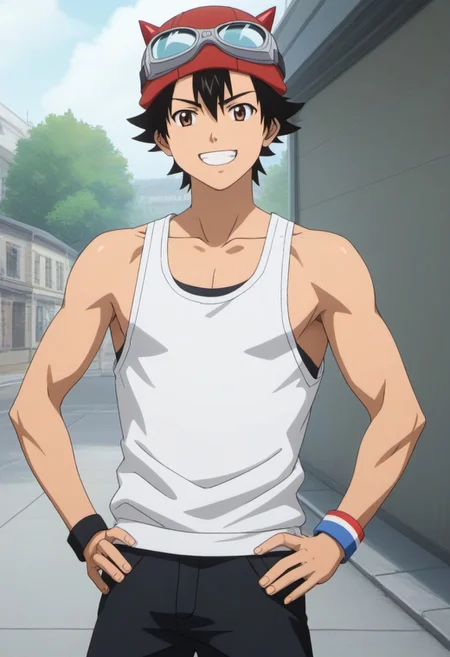 ((masterpiece)), ((best quality)), ((ultra-detailed)), ((absurdres)), score_9_up, score_8_up, score_7_up,
HD, top quality, best quality, amazing quality, High-quality illustrations, anime screencap, source_anime, best aesthetic, perfect proportions, perfect eyes, 1boy, 1male, solo boy, solo male, male focus, solo male focus, Anime, boy, male anime character, anime boy, handsome, cute, charming, sexy, good-looking, Yusuke Fujisaki, black hair, brown eyes, red horned cap, goggles on head, white tank top, dark gray shorts, ankle bands, sandals, ((outside, public)), ((grin, happy)), ((hands on hips))