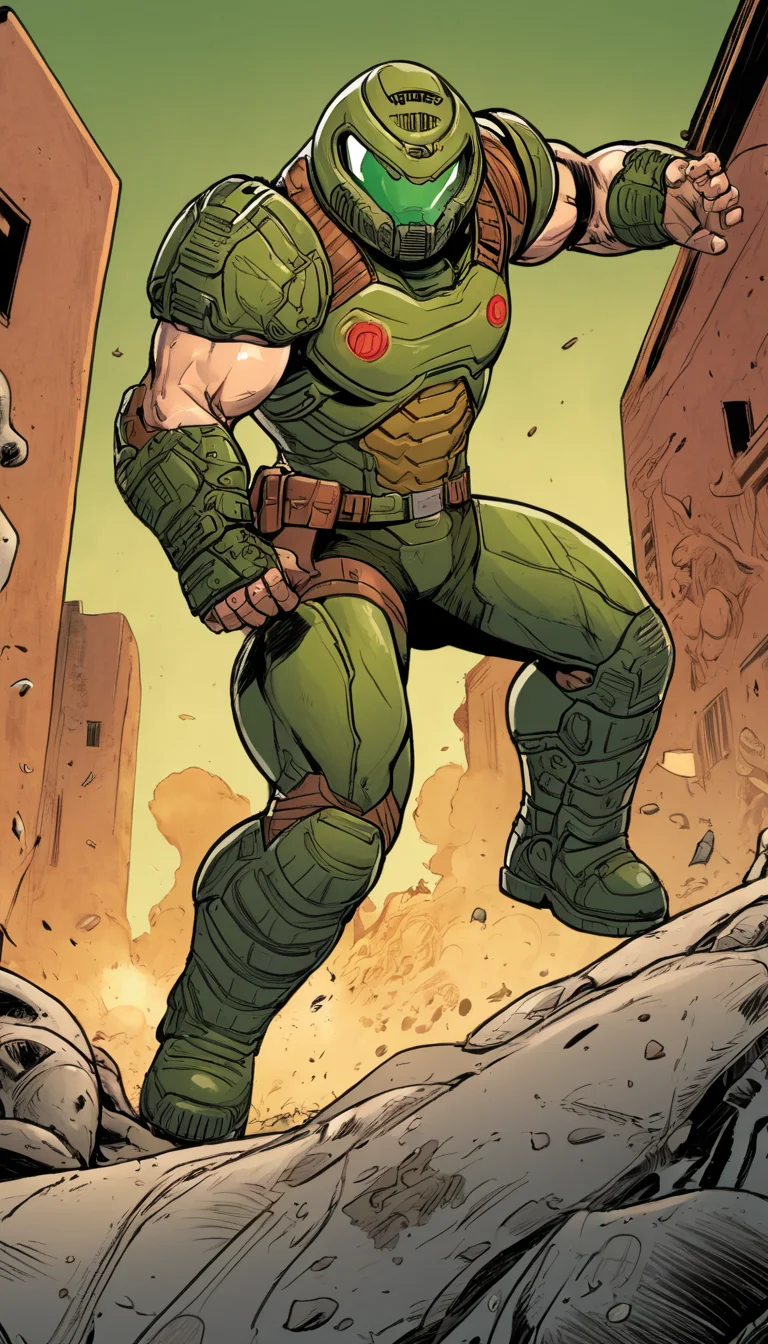 comic Cinematic scene, hero view, Doomguy, action pose, detailed background, masterpiece, best quality, high quality, highres, absurdres <lora:doomguy_xl_v1:1> . graphic illustration, comic art, graphic novel art, vibrant, highly detailed