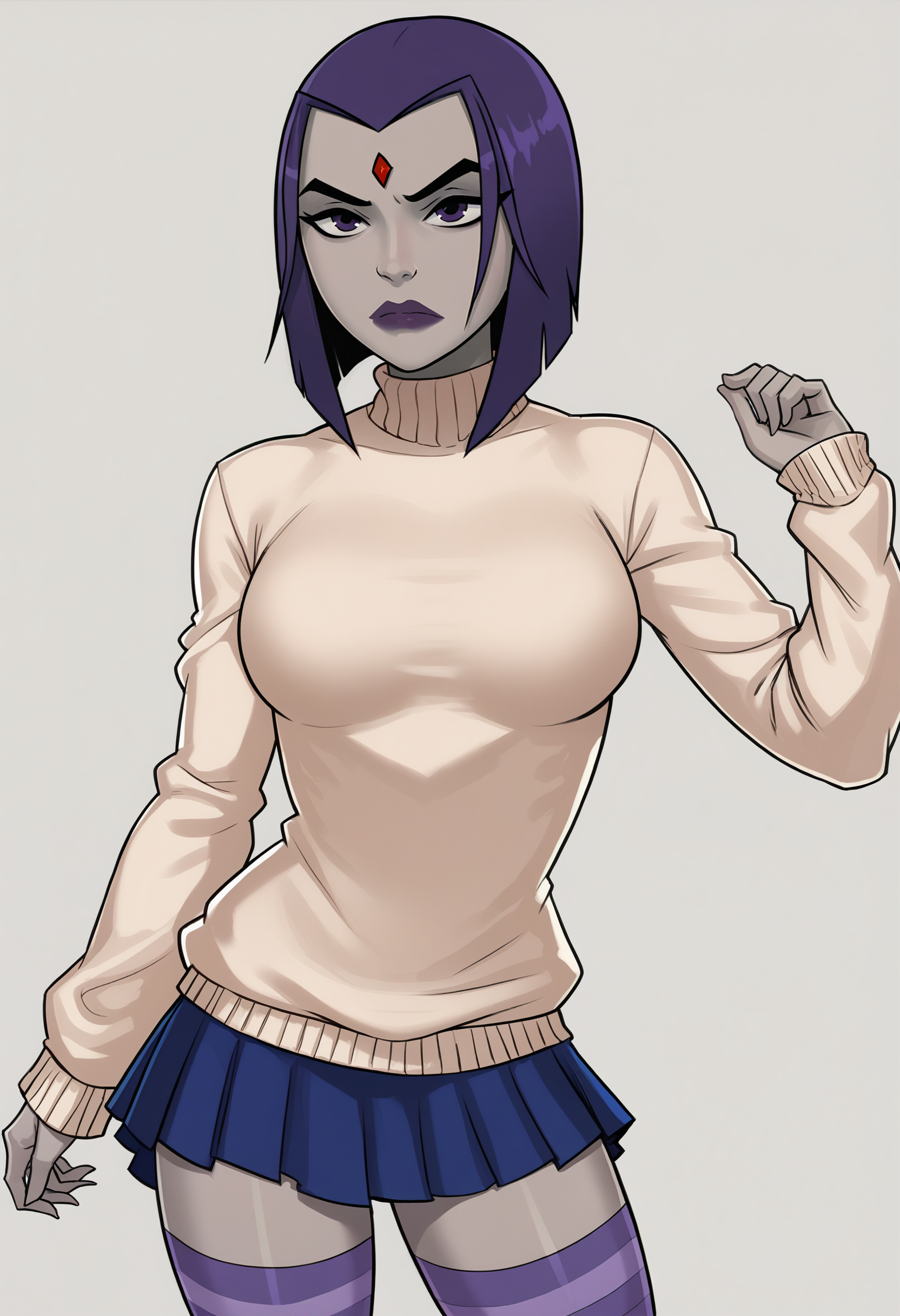 score_9, score_7_up <lora:somethingunlimited-guy-PONY-DORAv1:1>, 1girl, solo, raven \(dc\), striped thighhighs, skirt, sweater,